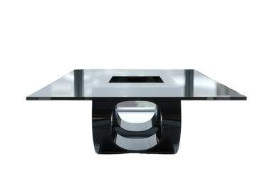 A black glass coffee table with a unique curved base