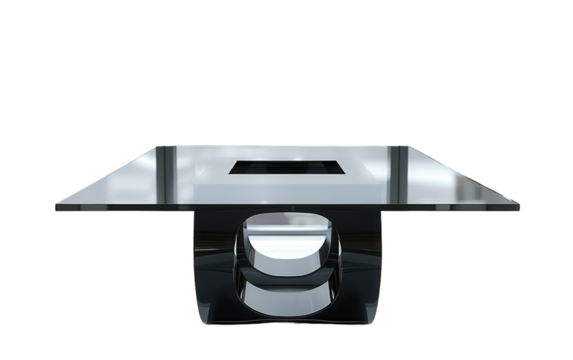 A black glass coffee table with a unique curved base