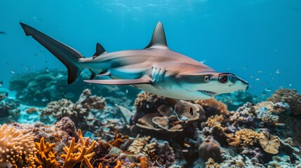 Obraz premium Close-up of a hammerhead shark patrolling the waters of a remote coral atoll.