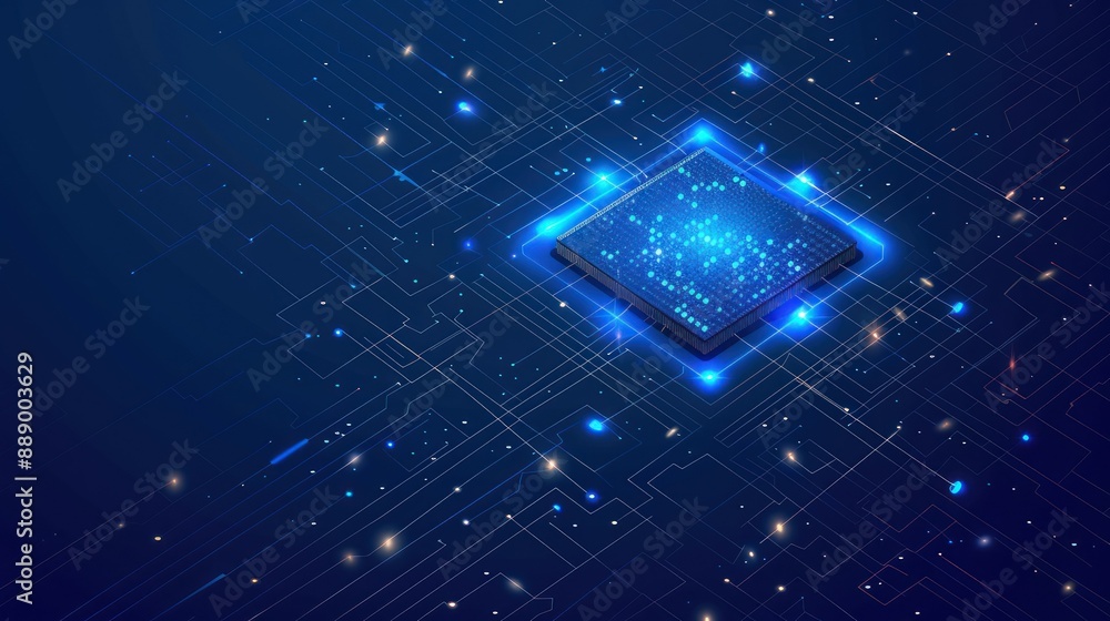 Poster glowing microchip circuitry with blue light on dark blue background