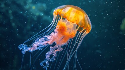 Fototapeta premium Close-up of a jellyfish with translucent tentacles drifting in the deep sea.