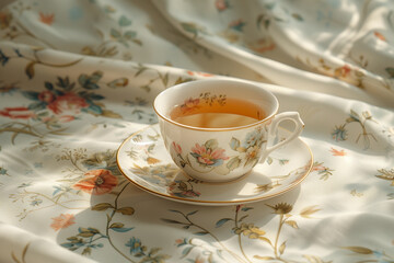 Fototapeta premium Dinner table with tea cups and tea pot at beautiful blooming garden. Tea party concept.