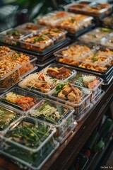 Fototapeta premium A row of plastic containers with various types of food, including broccoli, carrots, and tofu. The containers are arranged in a neat and organized manner. The variety of food items
