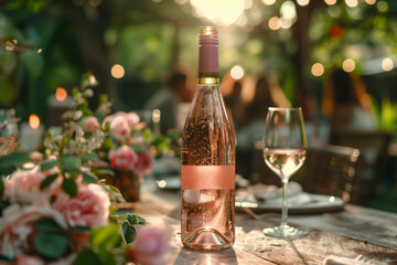 Bottle of pink wine with glasses on background of holiday garden party, wedding or Valentine.