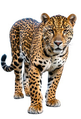 Obraz premium A powerful jaguar strides forward, its captivating gaze fixed on the viewer, isolated on a white background. Ideal for wildlife articles, conservation campaigns, or designs symbolizing strength and st