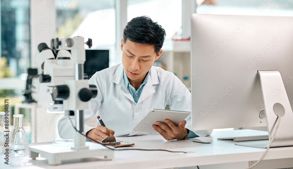Aufkleber Man, scientist and tablet with notes in lab for medicine research, information and experiment results of studying. Male person, digital and writing checklist, medical analysis and pharmaceutical data