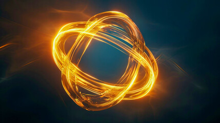 Golden light trails form an abstract shape, dark background, modern and futuristic style. Ideal for tech, innovation themes. Copy space