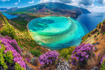 a beautiful island with the ozean an a hot summer day.