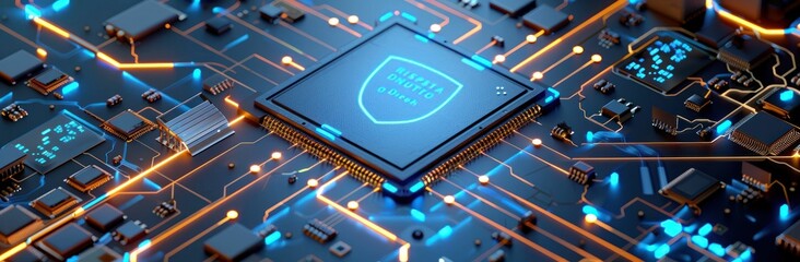 Glowing blue circuit board with a security chip