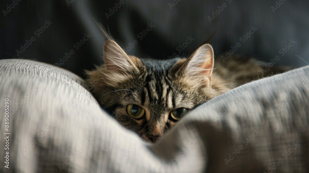 Aufkleber close-up of a pudgy cat's face peeking out from behind a cushion.