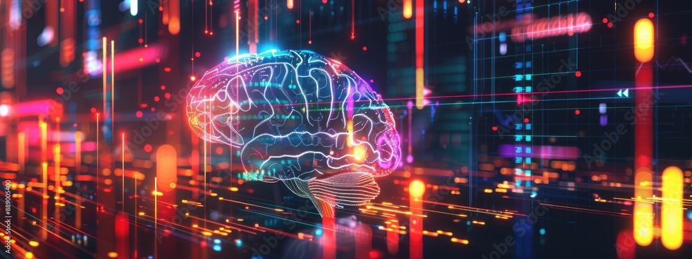 Poster 3D render of a digital brain with colorful infographic elements and graphs on a dark background