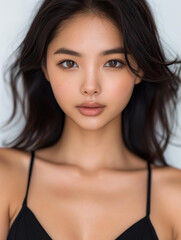 Obraz premium Editorial Photography captures enchanting Asian beauty with melon seed face, almond eyes, and flowing tresses. Elegant ensemble and poised demeanor.
