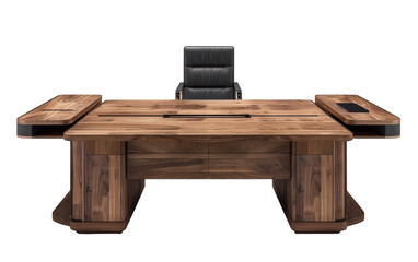 A wooden desk with extended side wings and a black leather chair