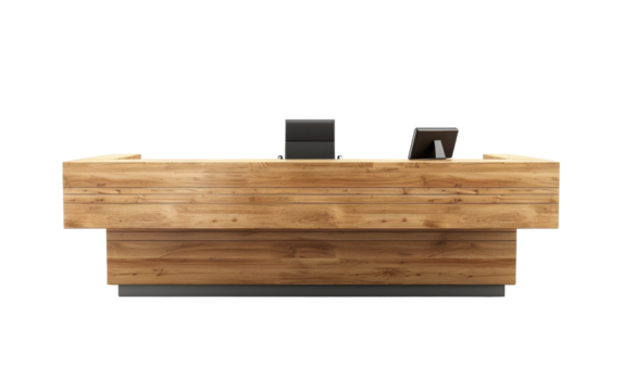 A modern reception desk crafted from natural wood, featuring two monitors