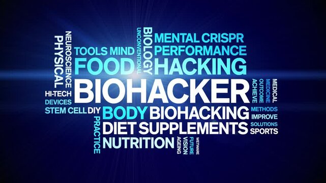 Biohacker animated word cloud;text design animation tag kinetic typography seamless loop.