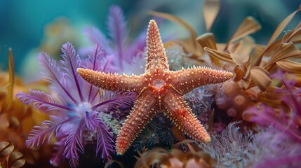 Close-up of a sea star nestled among sea lilies and feather stars, resembling a marine garden of flowers.