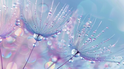 Beautiful dew drops on a dandelion seed macro. Beautiful soft light blue and violet background. Water drops.