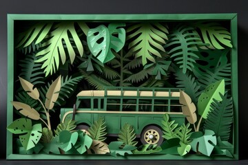 Tropical jungle with vibrant green leaves and a yellow van creating an adventurous and lively nature scene