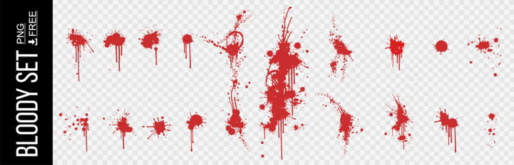 Set of bloody stains and splatters on transparent background. Dynamic splashes of red color. Bloody stains and marks. Splashes and bruises. Big set of traces fresh blood. Realistic set of red spots