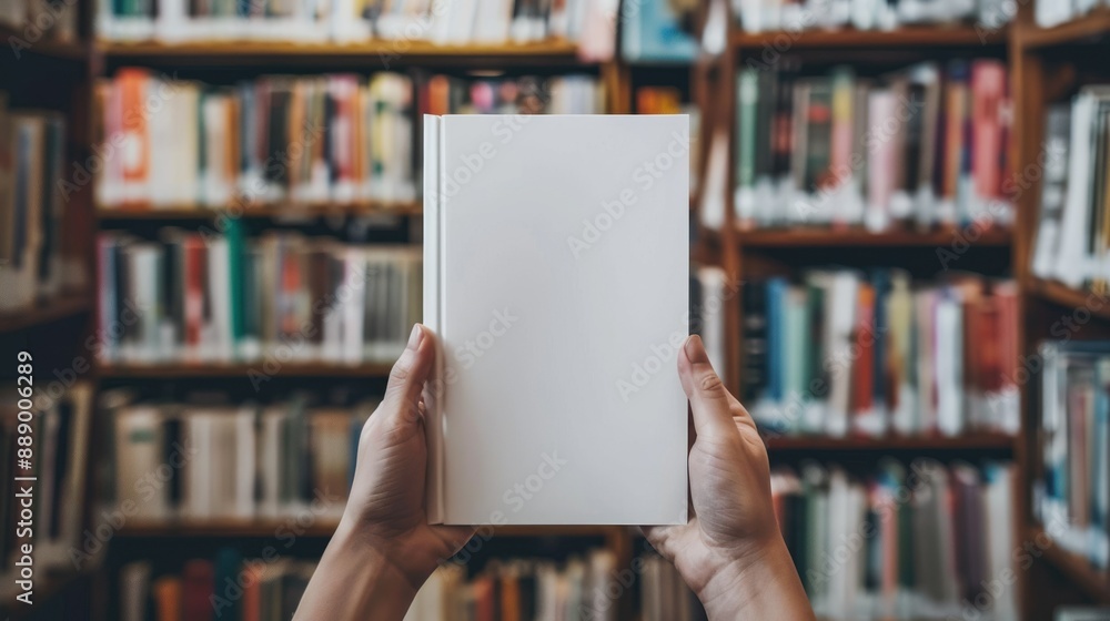 Poster holding a book in a library with a blurred background of bookshelves