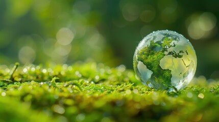 Glass globe with green continents resting on verdant moss against blurred foliage backdrop