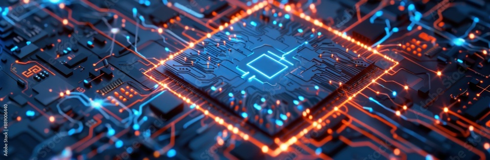 Poster 3d rendering of digital security icon on chip in the center with abstract cyber technology background.