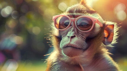 Funny  wearing sunglasses in studio with a colorful and bright background, Animal photography monkey sitting macro photography on a green background,Portrait of a monkey in the wild