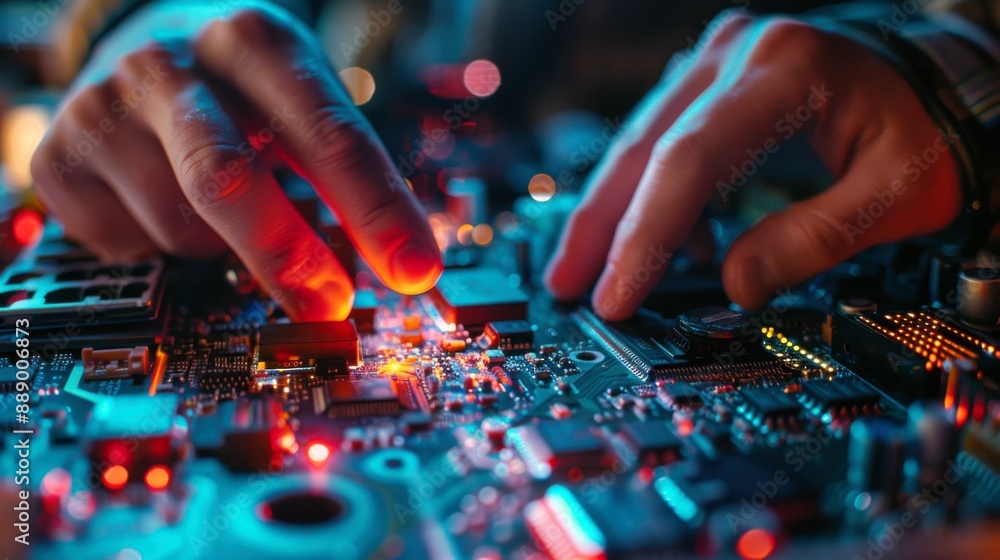 Poster close-up of hands working on a circuit board with colorful lights.