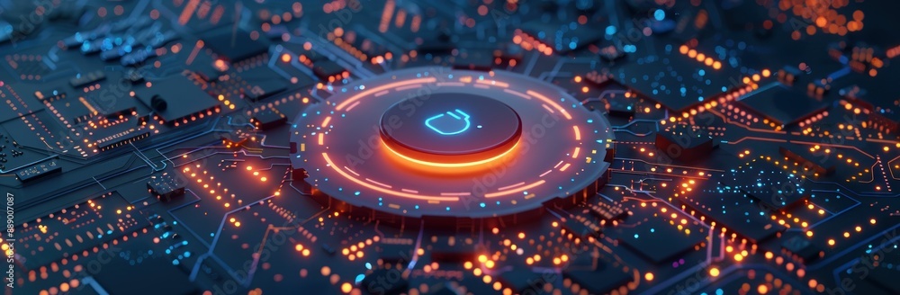 Poster 3d rendering of digital security icon on chip in the center with abstract cyber technology background.