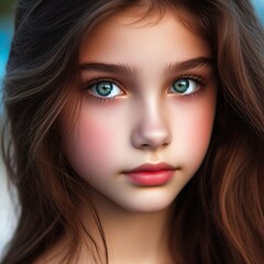 An enchanting girl with captivating green eyes and lengthy hair.