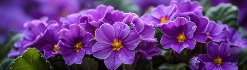 Obraz premium A bunch of purple flowers with yellow centers. The flowers are in a pot and are surrounded by green leaves. Concept of freshness and natural beauty