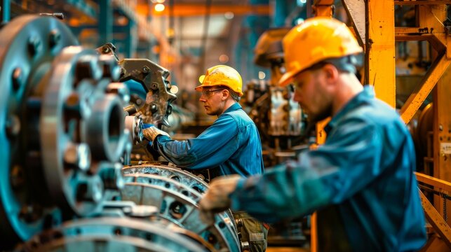 Two workers in hard hats assembling machinery in a factory.