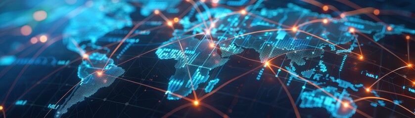 A computer generated image of a world map with many points of light. The image has a futuristic and technological feel to it