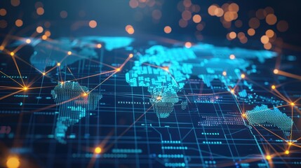 Obraz premium A computer generated image of a world map with many points of light. The image has a futuristic and technological feel to it