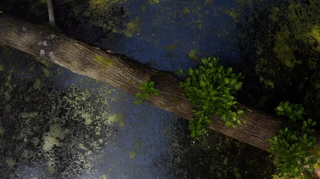 Swamp in Louisiana slow aerial shot of marsh mog.