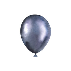 The balloon is black in color. An element of an invitation to a child's birthday party. A party for the occasion, an event for newborns, Halloween. Watercolor clipart, template, poster, pattern.