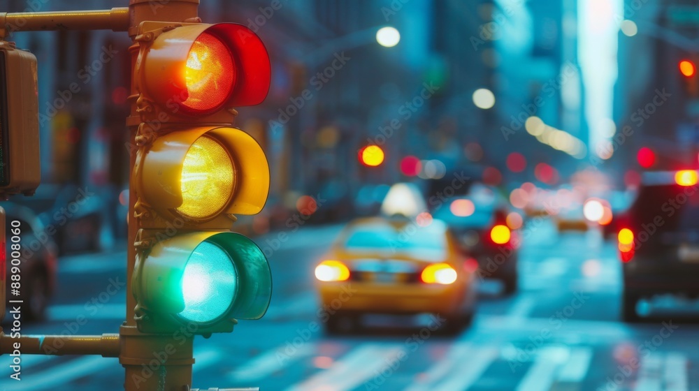 Poster Close-up of a traffic light changing from green to yellow at an intersection with blurred cars in motion.