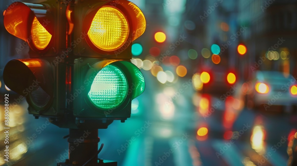Poster close-up of a traffic light changing from green to yellow at an intersection with blurred cars in mo