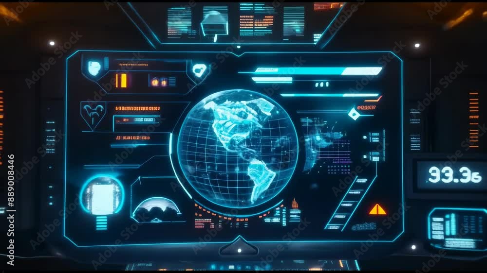 Poster scifi screens with hud elements and a digital infographic. the camera follows the seamless animated 