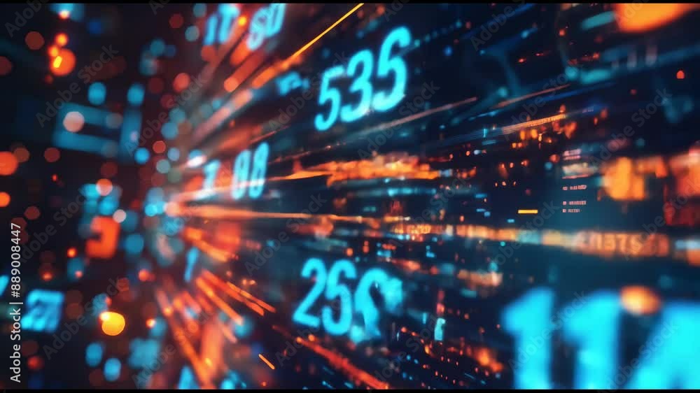 Poster digital number code animation for screensaver and background. motion abstract binary decimal statist