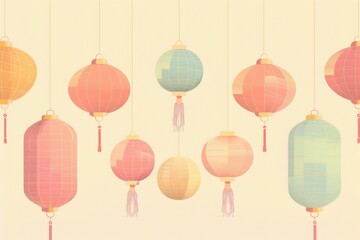 Chinese lanterns line pattern flat design front view with festive theme animation colored pastel
