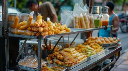 Close-up of a vendor's cart with Roti Sai Mai displayed attractively for customers.