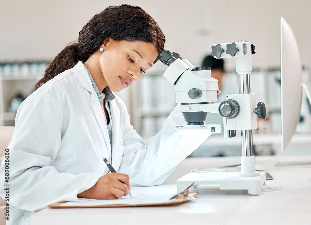 Poster woman, documents and microscope in laboratory for research, analysis and medical career. scientist, 