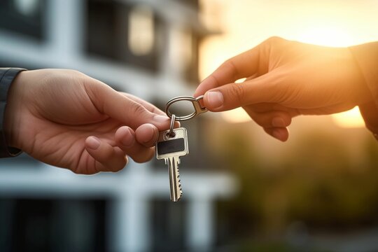 Key exchange between two hands, outdoors.
