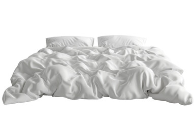 A pristine white bed with two pillows, the sheets slightly rumpled, inviting relaxation