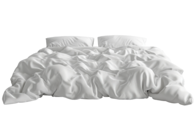 A pristine white bed with two pillows, the sheets slightly rumpled, inviting relaxation