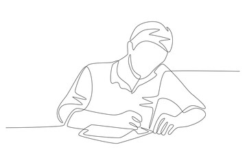 A man who is enthusiastic about doing his homework. Homework concept one-line drawing