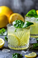 Fototapeta premium A glass of lemonade with a sprig of basil on top. The drink is served in a tall glass with a stem. The glass is placed on a table with a few lemons and a bunch of basil