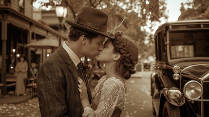 Obraz premium Nostalgic Romance: Young American Couple Sharing Tender Kiss in Vintage Inspired Setting