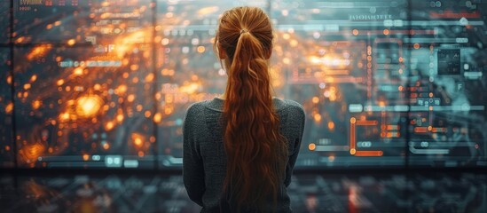 Woman Looking at City Lights Through a Window with Digital Overlays